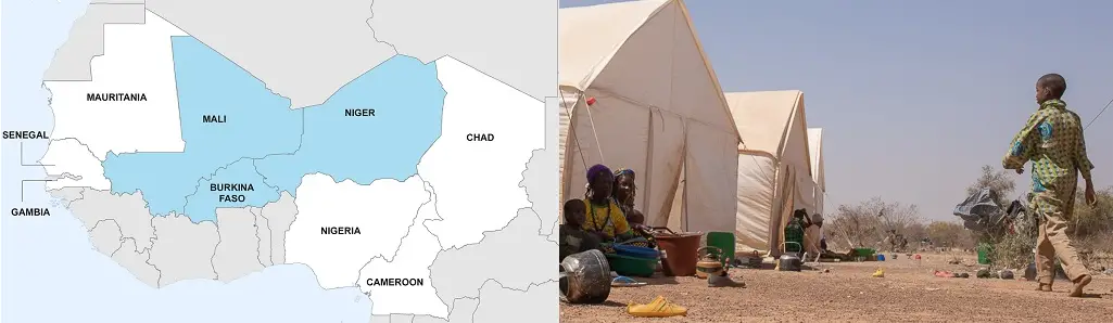 Carte: OCHA ROWCA. Photo: Camp de personnes déplacées à Barsalogho, Burkina Faso. OCHA/Otto Bakano